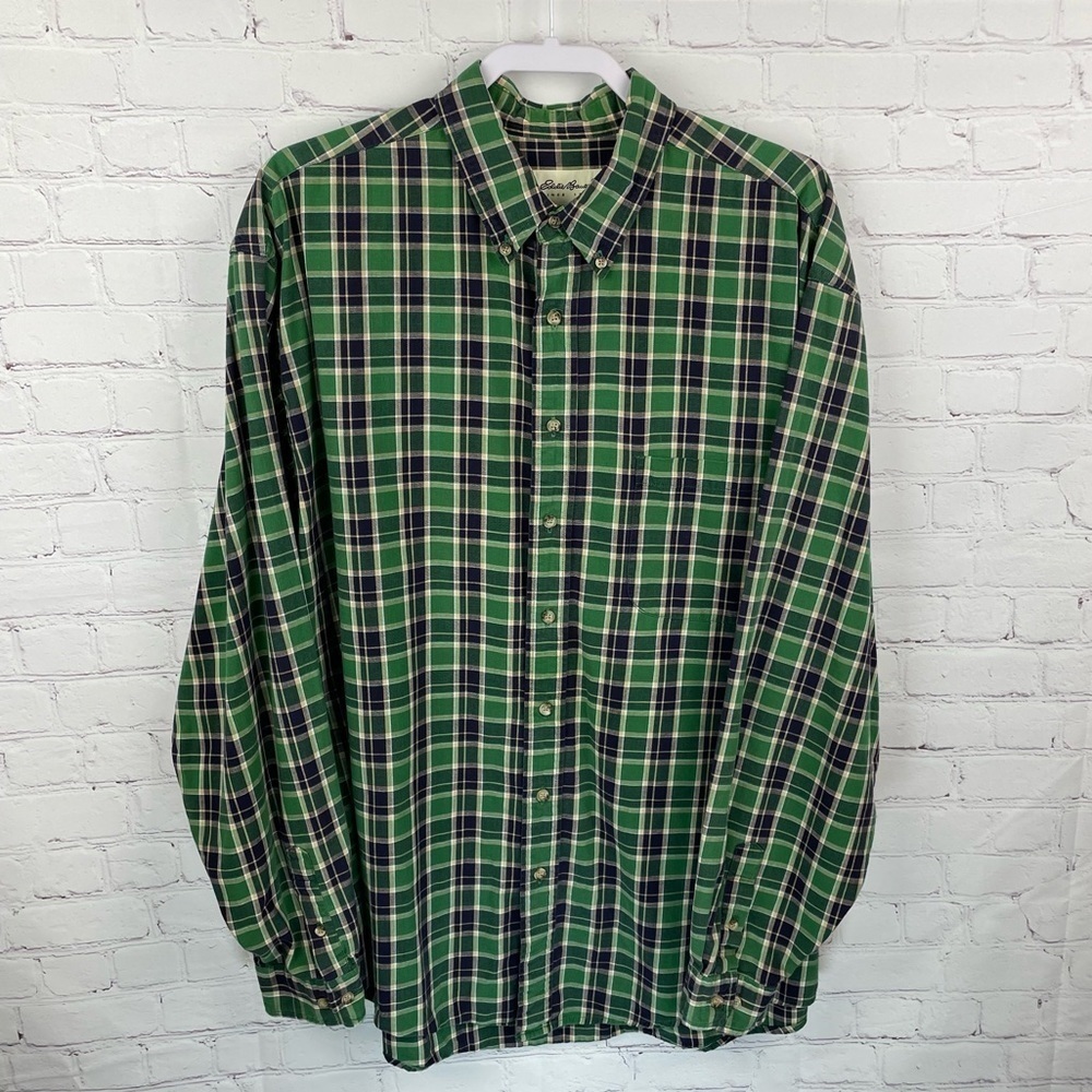 EDDIE BAUER Mens Button Up Shirt Size XL Green Plaid Long Sleeve 100% Cotton
